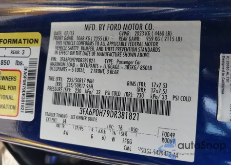 2013 Ford Fusion Se z USA, uszkodzony, nr VIN 3FA6P0H79DR381821